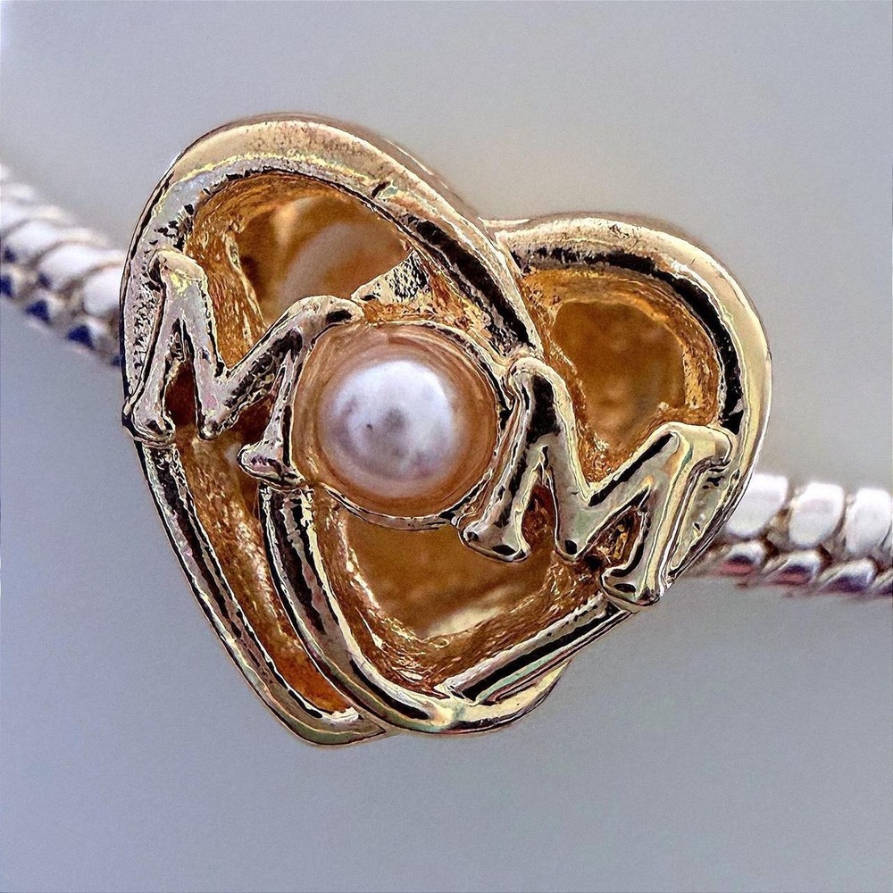Gold Mom Heart Bead European Charm‎ Fits Snake Chain Bracelet Pearl